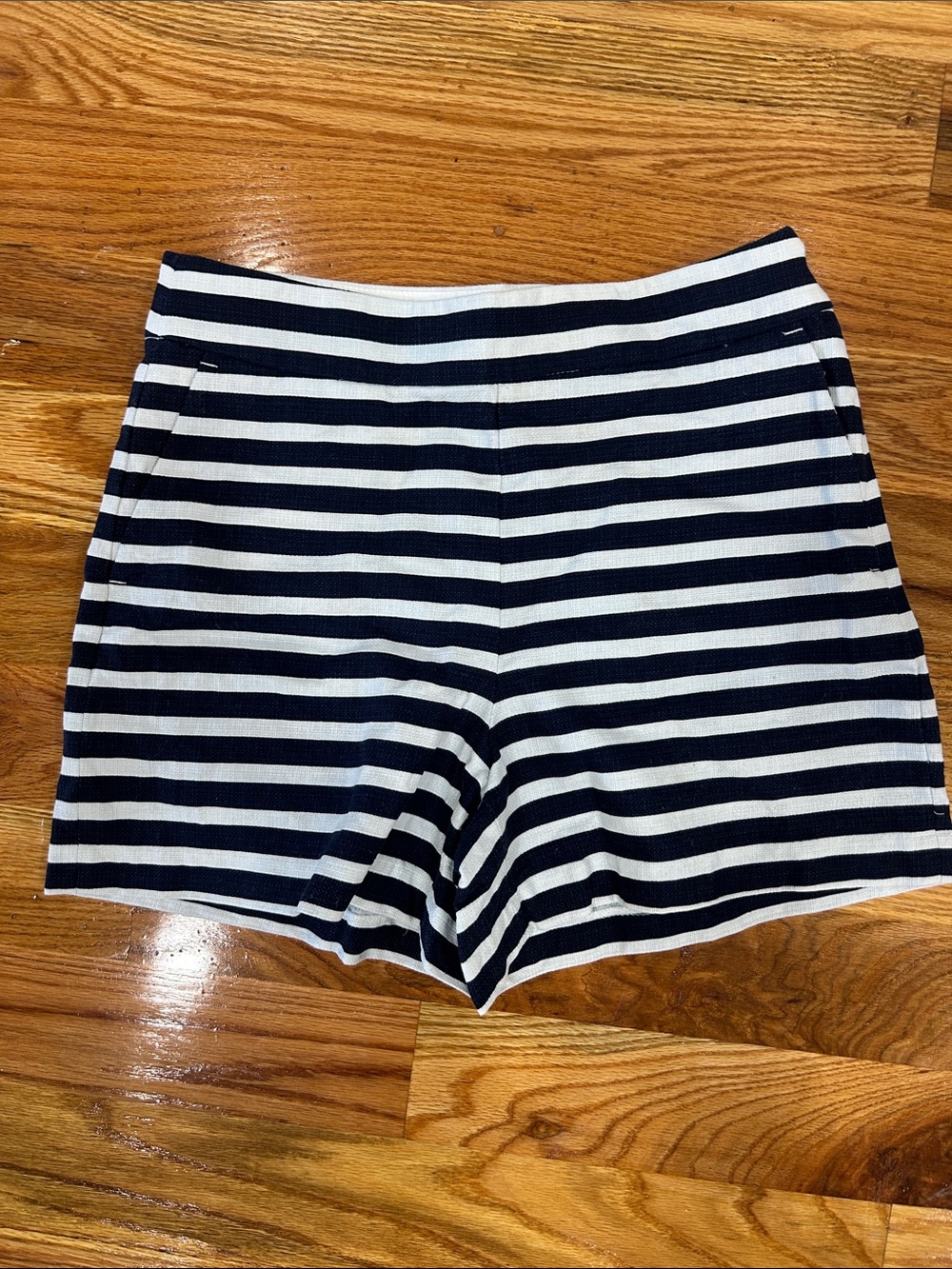 J. Crew Navy and White High-Waist Striped Knit Shorts